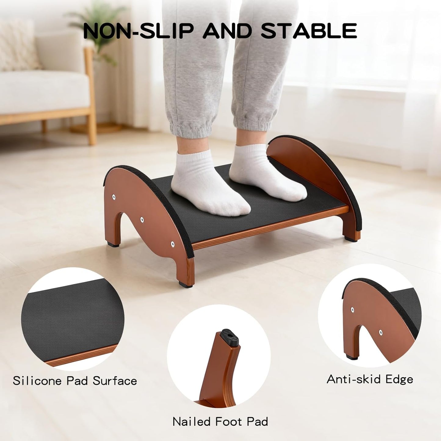 Foot Rest Under Desk – Ergonomic Solid Wood Under Desk Footrest with Non-Slip Silicone Top & Rubber Feet, 10° Tilt Foot Stool for Office Home, 40×28×16cm