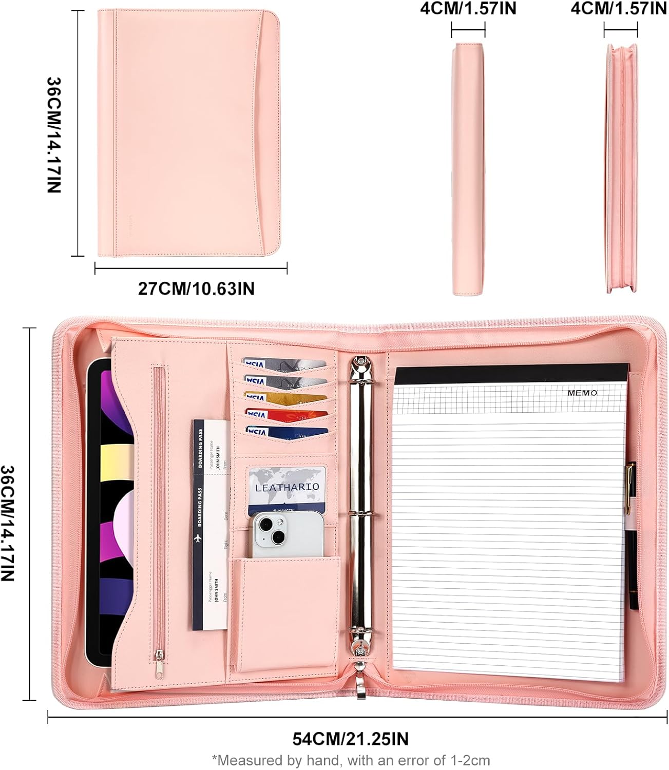 Leathario Portfolio Binder, Includes 10 Sheet Protectors and 3 Notepads, 3-Ring Folder Organizer, A4 Padfolio with Zipper, Vegan Leather Tablet Sleeve, Business Office Conference Clipboards