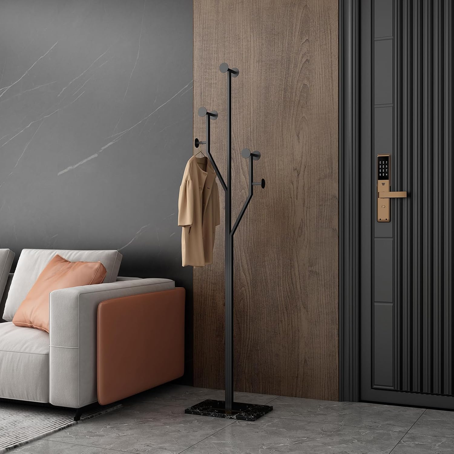 Freestanding Coat Rack Tree-shaped Metal Coat Tree with Heavy Duty Marble Base Corner Clothing Rack for Bedroom Entryway Hallway 14.96 x 10.24 x 68.9 Inches (Black) - Lumora Desk