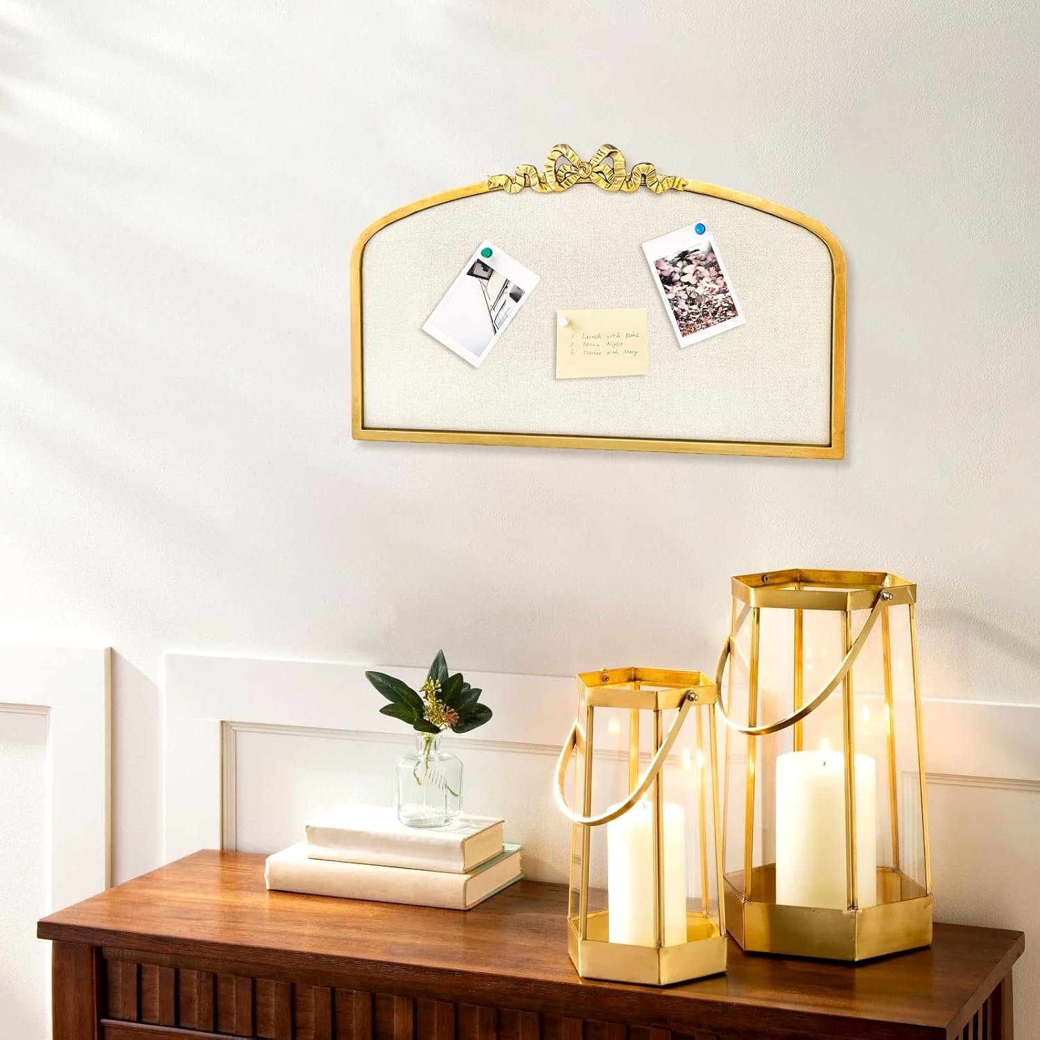 Vintage Arched Linen Cork Board with Gold Bowknot – Decorative Bulletin Board for Walls, Iron Frame Pin Board for Notes, Photos & Reminders, Elegant Vision Board for Home & Office 24"x 15" - Lumora Desk