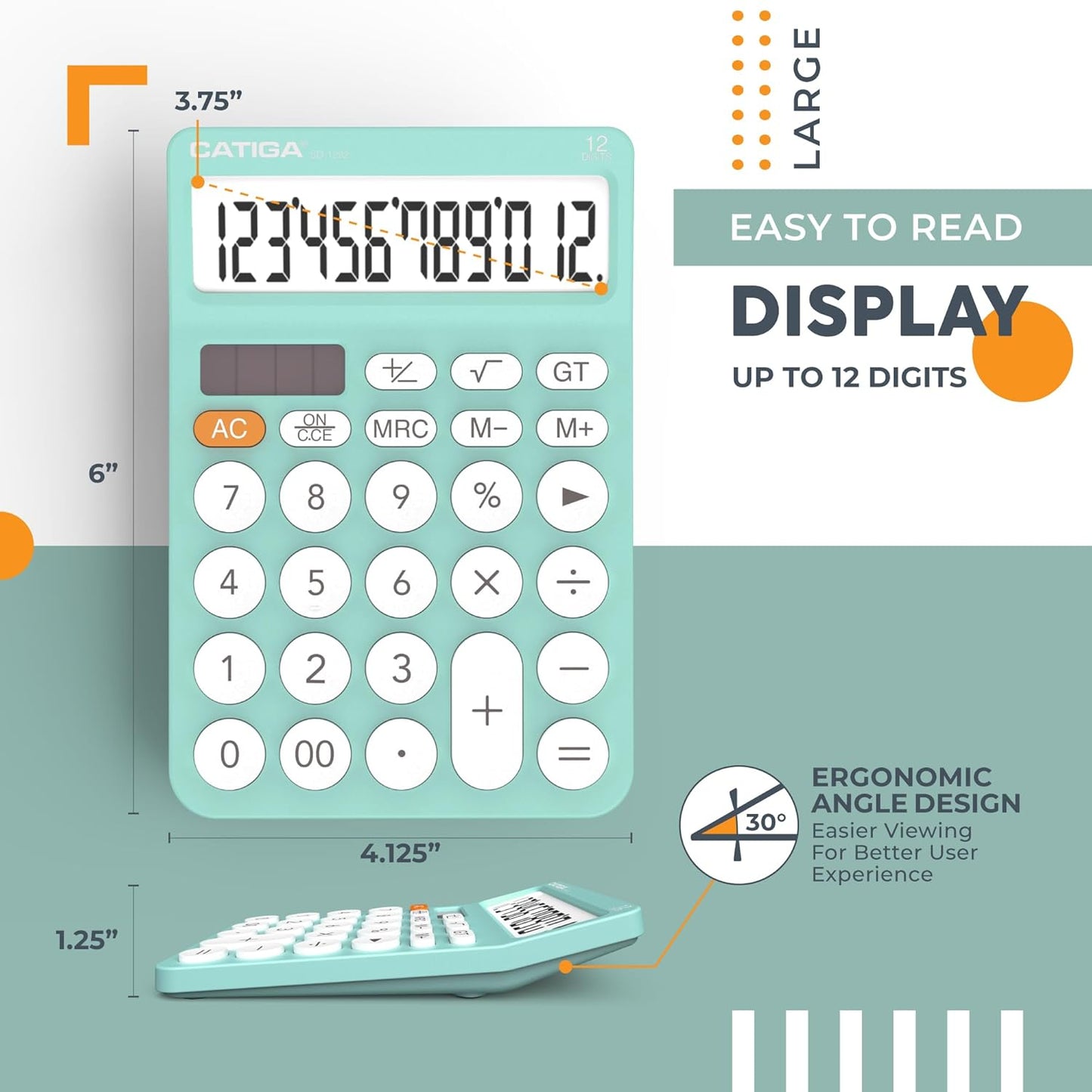 CATIGA 12 Digit Desktop Calculator Basic Desk Calculator with Large LCD Display, Big Buttons, 4 Function, Solar and Battery Dual Power, for Office, School, Home, SD-1292 Fresh Blue