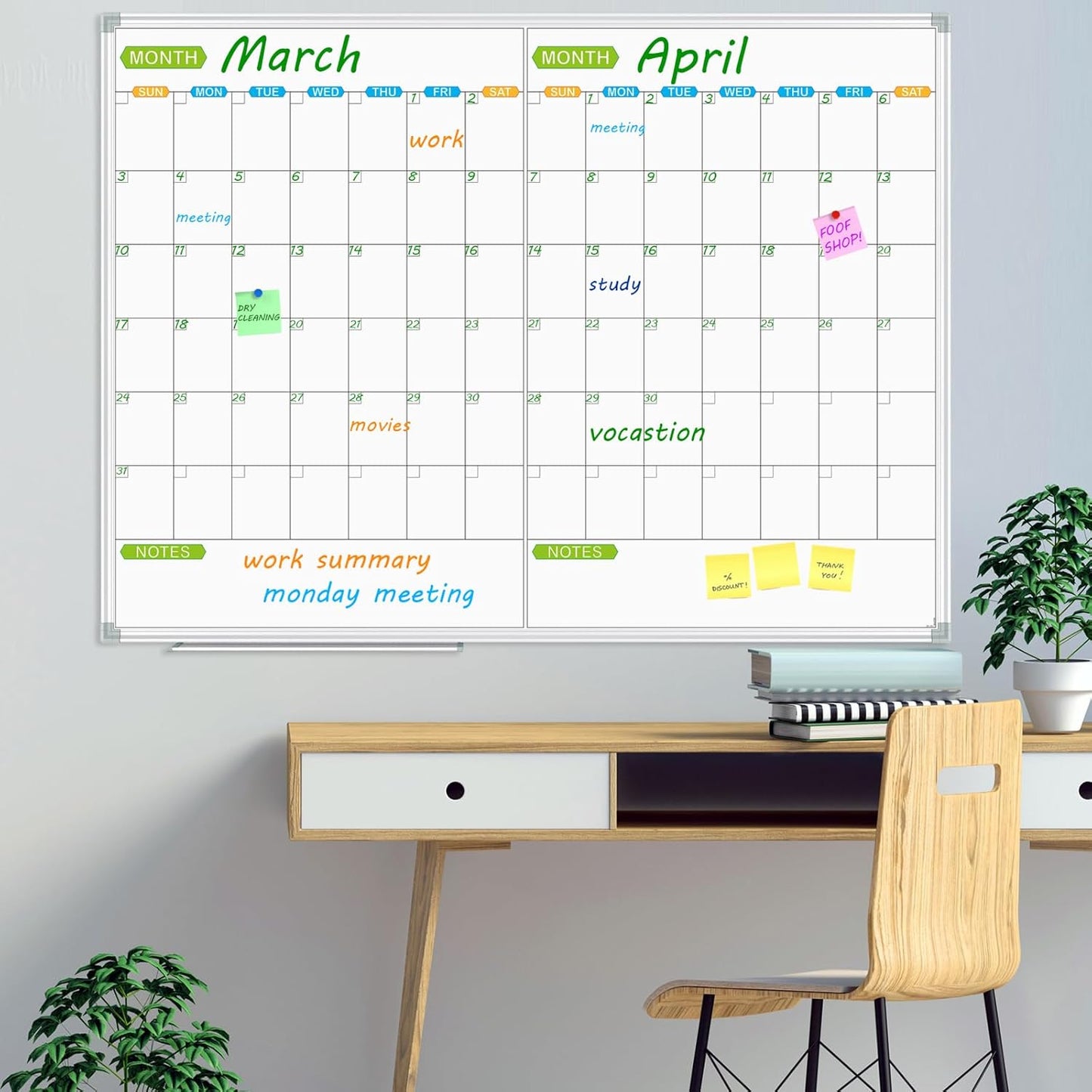 JILoffice Magnetic Dry Erase Calendar Whiteboard, 2 Month White Board Planner 48 X 36 Inch, Silver Aluminum Frame Wall Mounted Board for Office Home and School - Lumora Desk