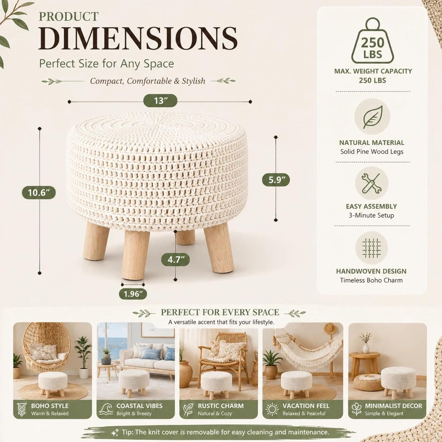 Wimarsbon Pouf Ottoman, 100% Cotton Knitted Boho Footstool, Round Footrest with Non-Skid Wood Legs, Home Décor Handmade Pouffe, Leisure Floor Step Stool for Living Room (Beige)