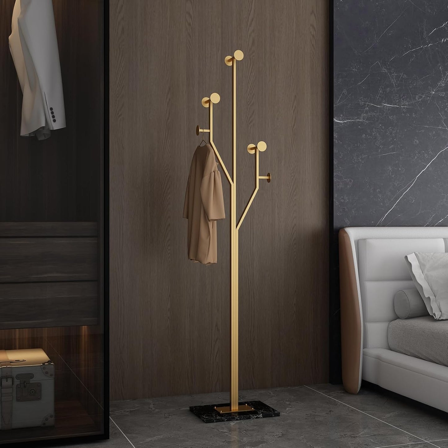Heavy Duty Coat Rack Tree-shaped Metal Freestanding Coat Tree with Sturdy Marble Base Corner Coat Rack for Bedroom Entryway Hallway 14.96 x 10.24 x 68.9 Inches (Gold) - Lumora Desk