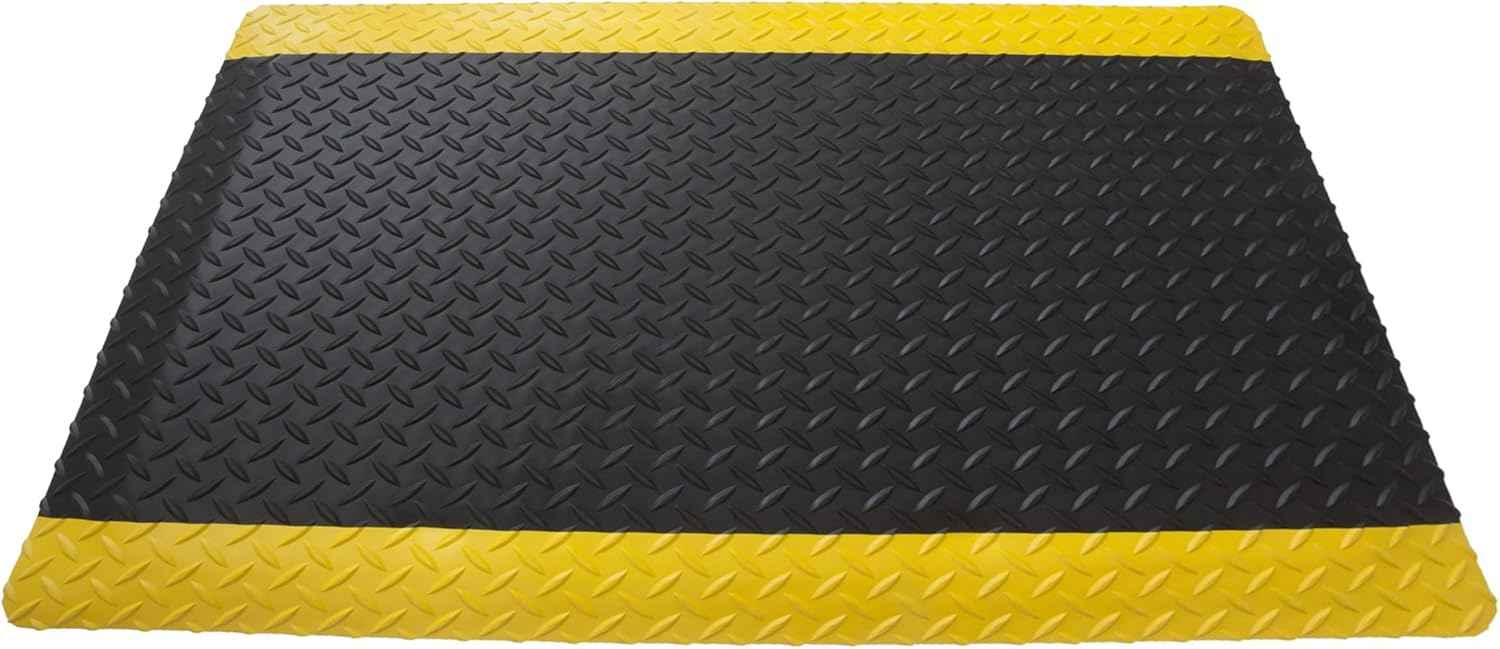 American Classic Diamond Plate Anti-Fatigue Black/Yellow Mat, Industrial Ergonomic Comfort Standing Mat for Work, Home, Garage, 9/16" Thick, Free 16” x 18” x 0.75” Knee Pad, Made in USA (3'x5')
