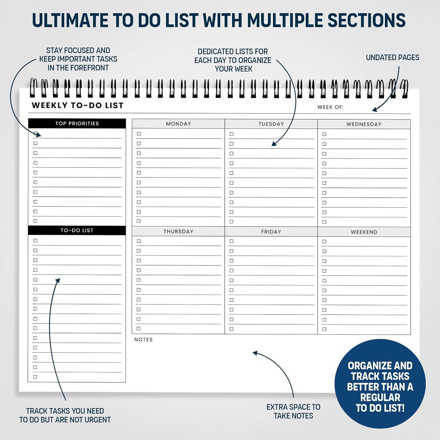 Of a Happy Kind Weekly To Do List Spiral Planner Pad - 8.5x11 52 Sheets - Desk Notepad with Multiple Sections - Undated Planning Notebook Checklist, Todo Agenda Plan
