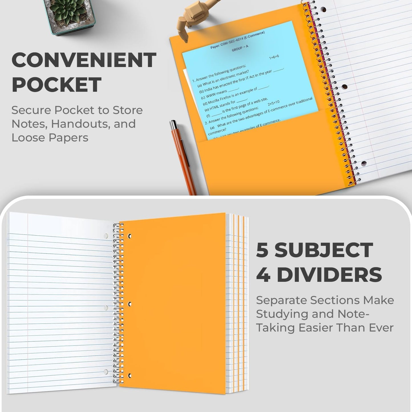 5 Subject Notebook College Ruled, 6 Value Pack, 300 Pages (150 Sheets), 8 x 10-1/2", 5 Subject College Ruled Spiral Notebooks for School & Office, Thick Paper Fights Ink Bleed, 3 Hole Punched