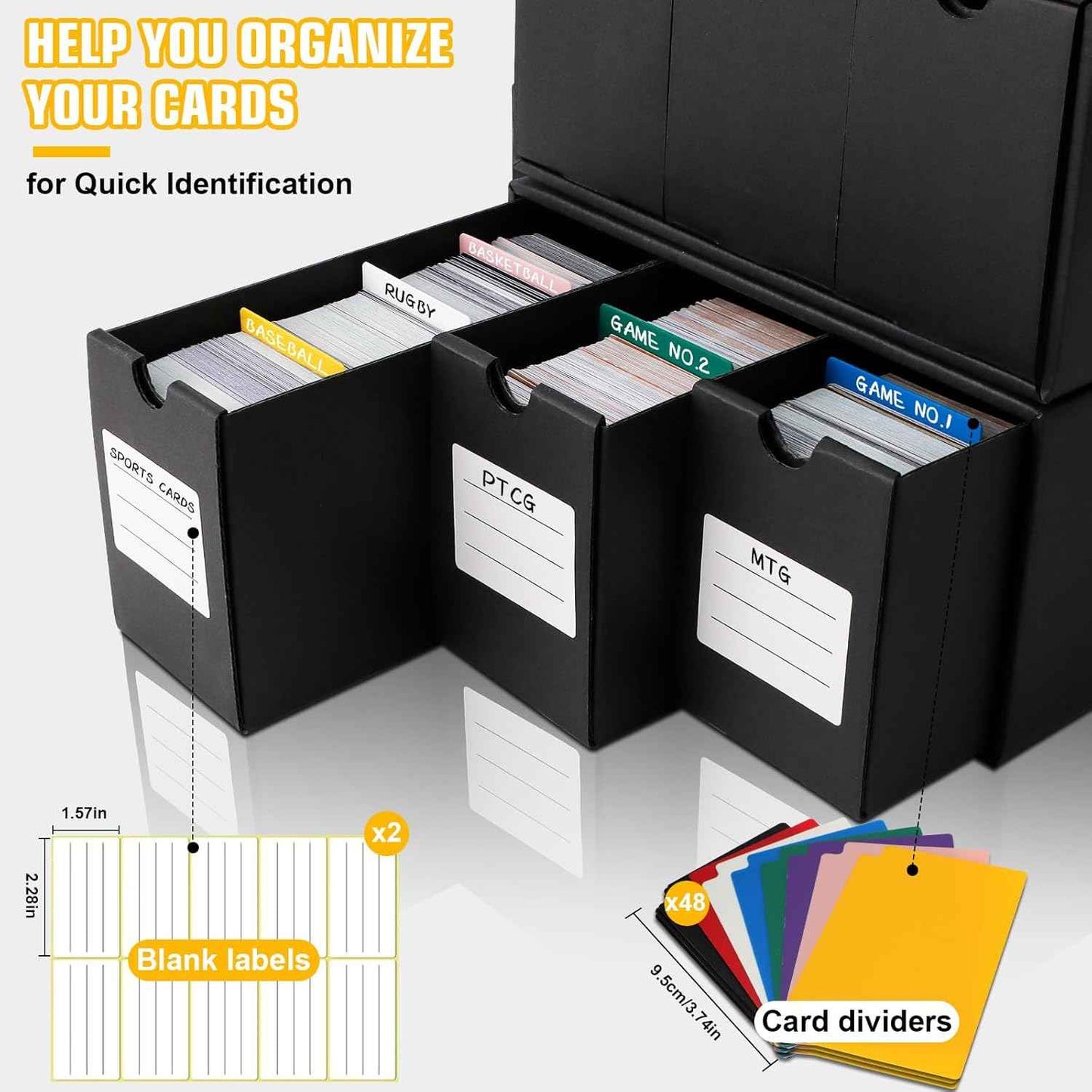 Trading Card Storage Box, Includes 18-600 CT Boxes & 60 Card Dividers, Trading Card Organizer for Collectible Card Games, for TCG, YGO, MTG, PTCG, Baseball Cards, with Labels & Tapes