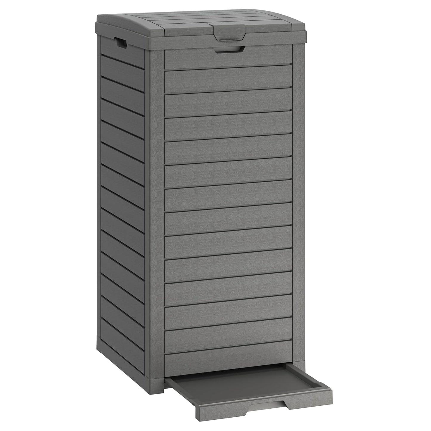 Fancyango Outdoor Trash Can with Lid & Drip Tray, Waterproof Resin Garbage Can, Outside Trash Bin for Patio, Garage, Pool, Deck & Backyard, Gray(31 Gallon)