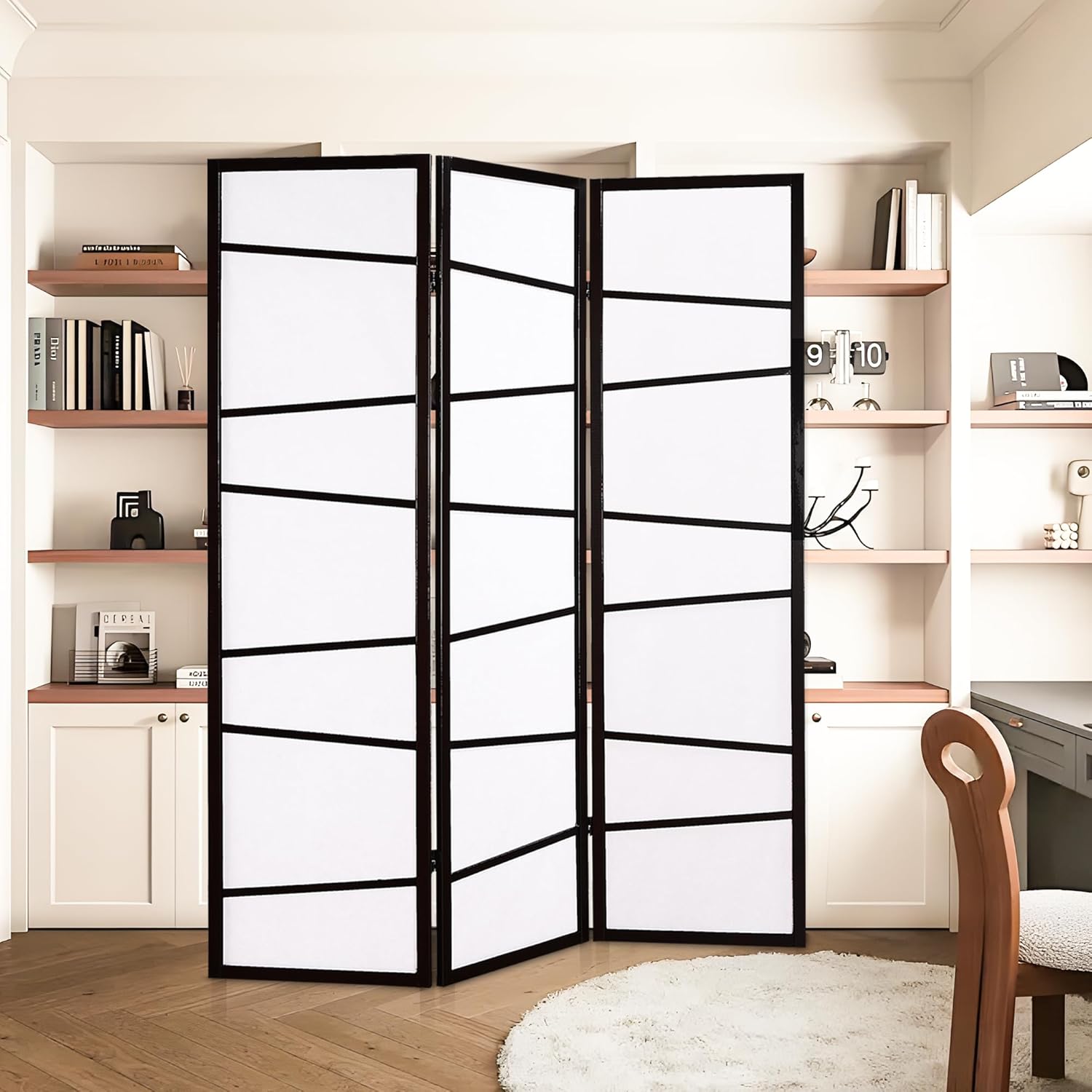 NicBex Room Divider 3 Panel Room Dividers with Heavy-Duty Rice Paper Partition Room Dividers and Folding Privacy Screens Wall Divider for Home, Office, Room Separation,51"W x 2"D x 71"H, White+Black - Lumora Desk