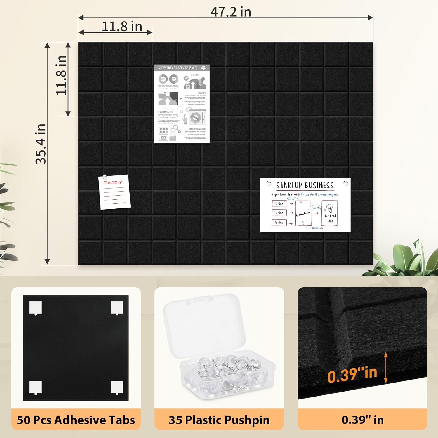 Smarpau Large Cork Board 12 Pack, Black Bulletin Board for Walls 48"x36", Pin Board with 35 Pushpins 50 Removable Security Stickers, Cork Wall Tiles for Home School Decor - Lumora Desk