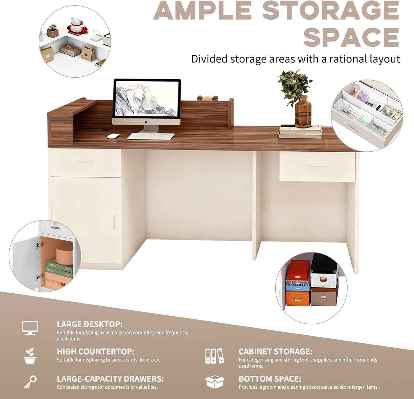 Reception Desk with Counter, LED Light Strip, Cable Management Hole, Lockable Drawer & Storage Cabinet, 39–102 Inch Modern Front Counter Desk for Salon, Lobby, Retail Store, Office Home Office