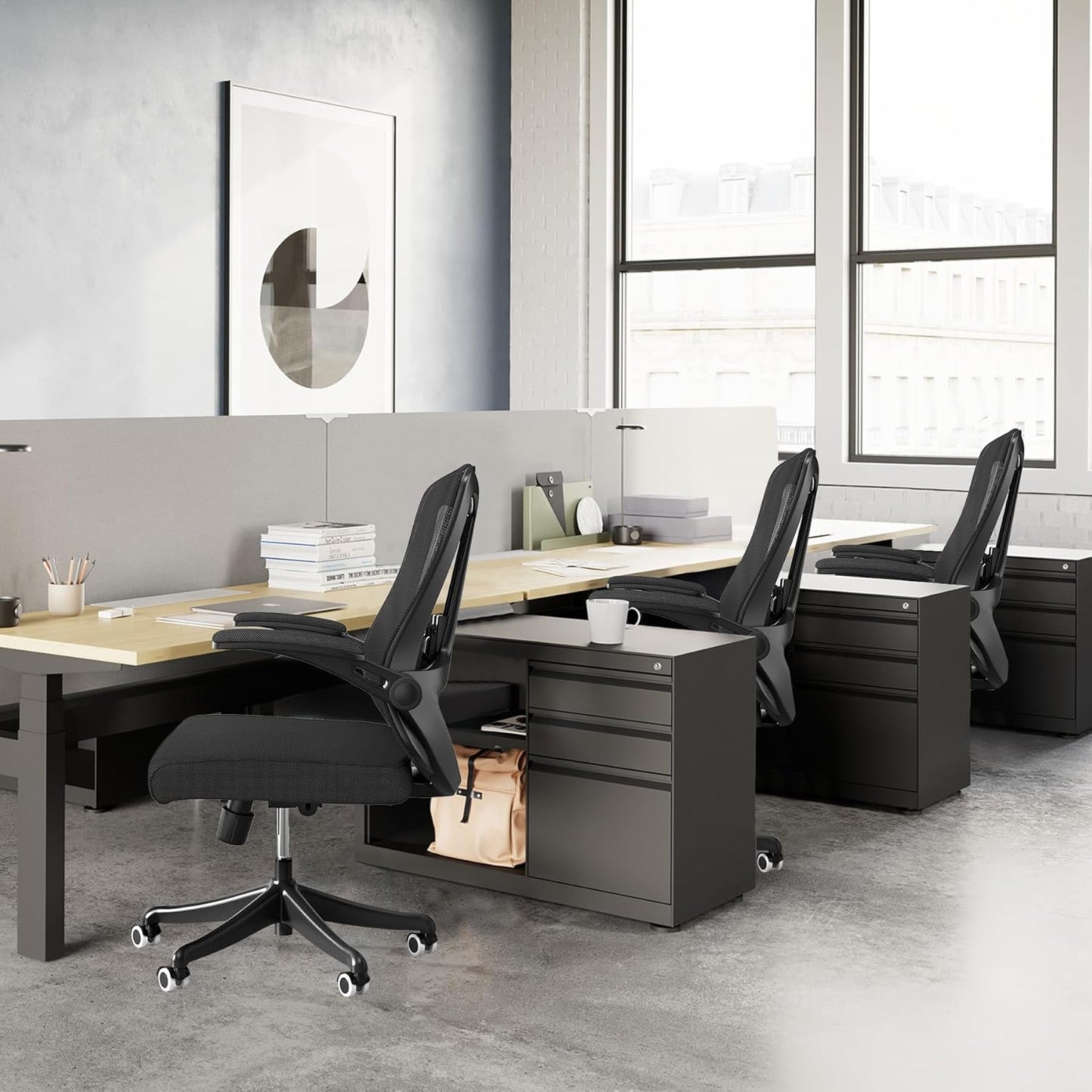 Executive Office Chair, Ergonomic Comfort Home Desk Chair, Mid Back Gaming Chair with Wheels, Adjustable Height, Lumbar Support, Flip-up Armrest with 350LBS Capacity