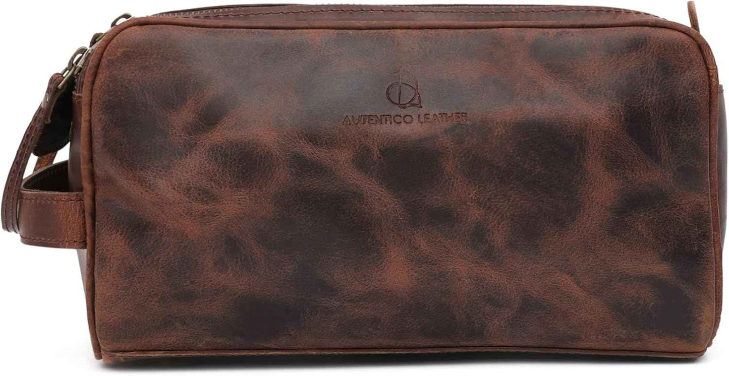 Toiletry Bag for Men – Genuine Leather Dopp Kit, Travel Organizer for Grooming Essentials, Large Shaving Kit Pouch, Durable Dark Brown Gift for Men