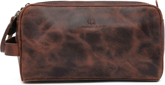 Toiletry Bag for Men – Genuine Leather Dopp Kit, Travel Organizer for Grooming Essentials, Large Shaving Kit Pouch, Durable Dark Brown Gift for Men