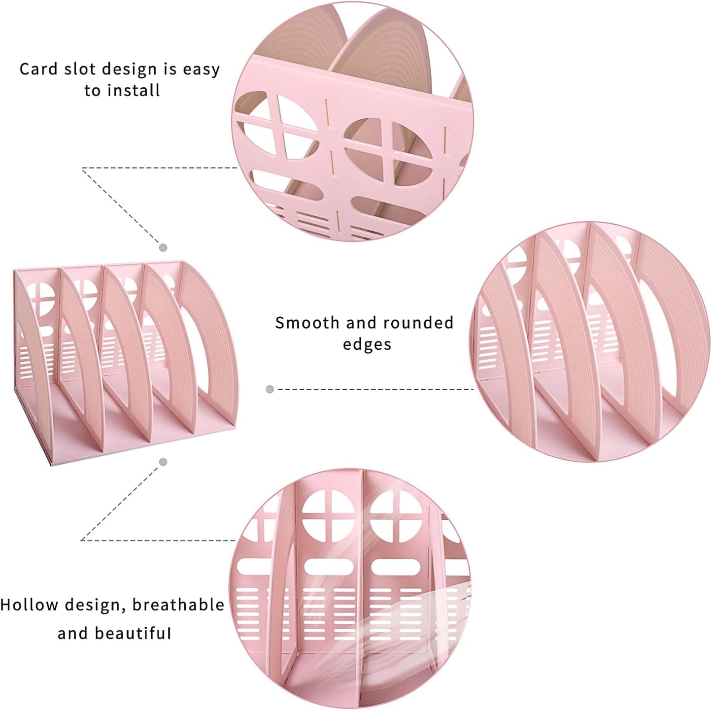 SAYEEC Magazine File Holder Folder Storage Desktop 4 Compartment Standing Hollow Pink Files Bookshelf Organizer Office Racks Displays Holds Notebooks Documents for School Working Students