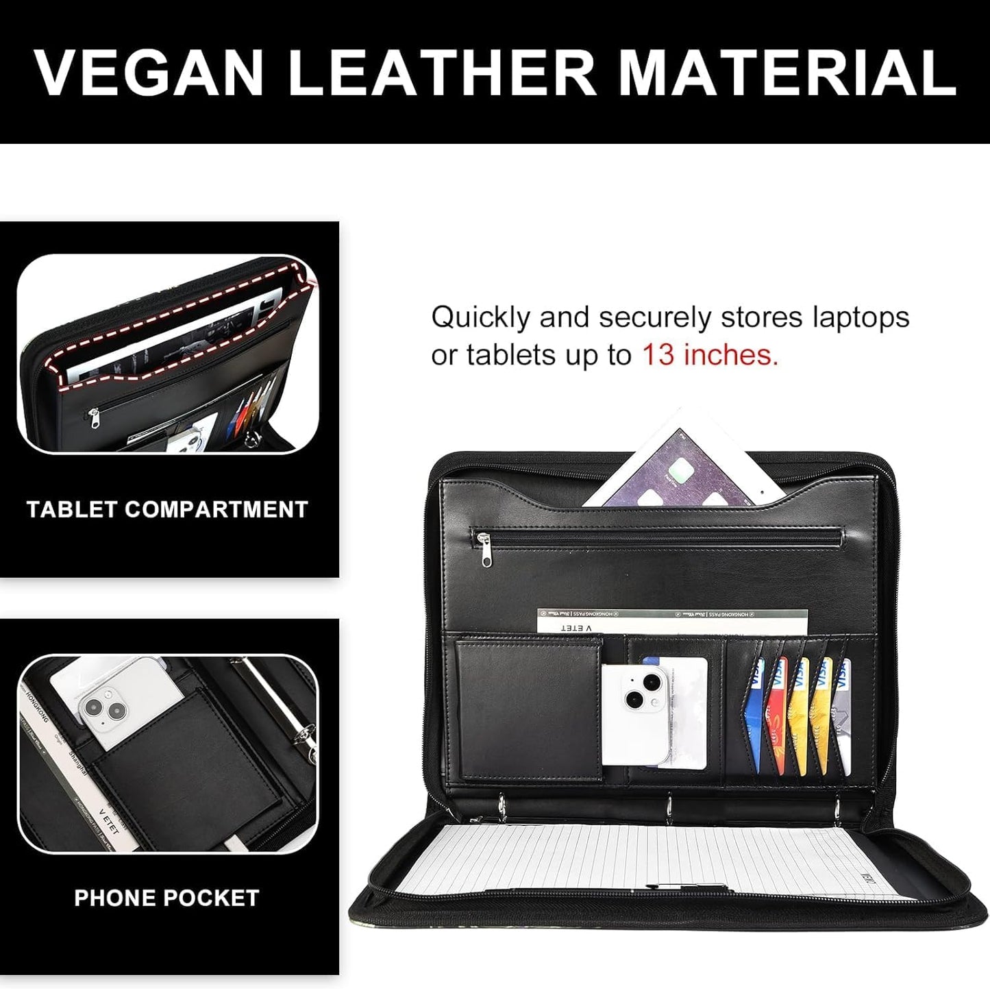 Leathario Portfolio Binder, Includes 10 Sheet Protectors and 3 Notepads, 3-Ring Folder Organizer, A4 Padfolio with Zipper, Vegan Leather Tablet Sleeve, Business Office Conference Clipboards