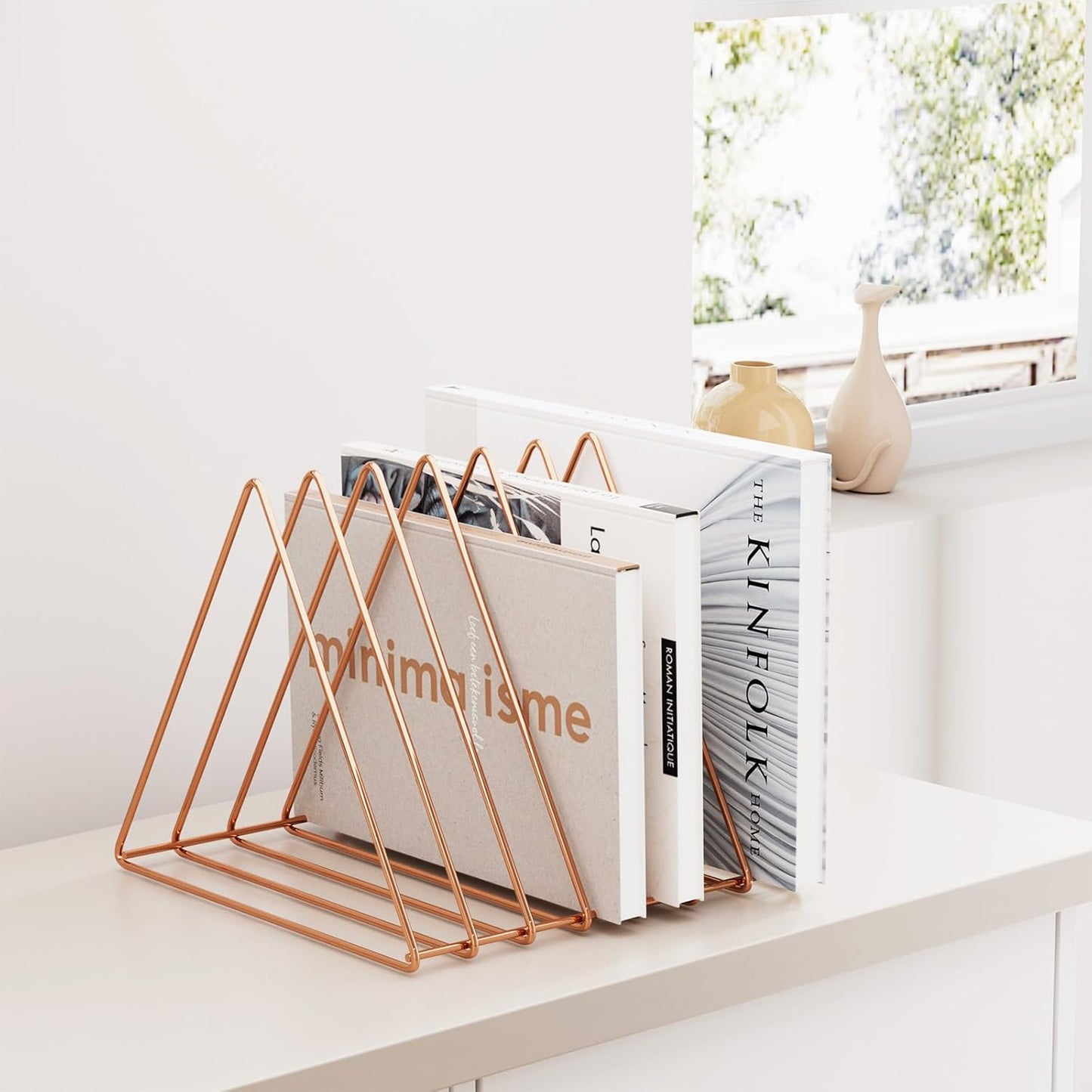 Urban Deco Triangle Desk Organizers Metal Wire Magazine Holder 7 Sections Decorative Vinyl Record Storage Office File Organizer For Desk - Rose Gold Magazine File Holder - 2 Pack