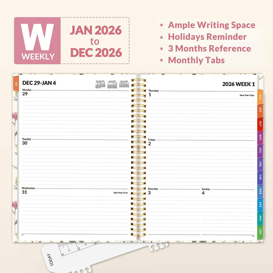 SUNEE 2026 Weekly and Monthly Planner - from January 2026 - December 2026, 8.5"x11" Daily Agenda Planner with Monthly Tab, Flexible Cover, Note Pages, Pockets, Bookmark, Spiral Binding, Wildflowers