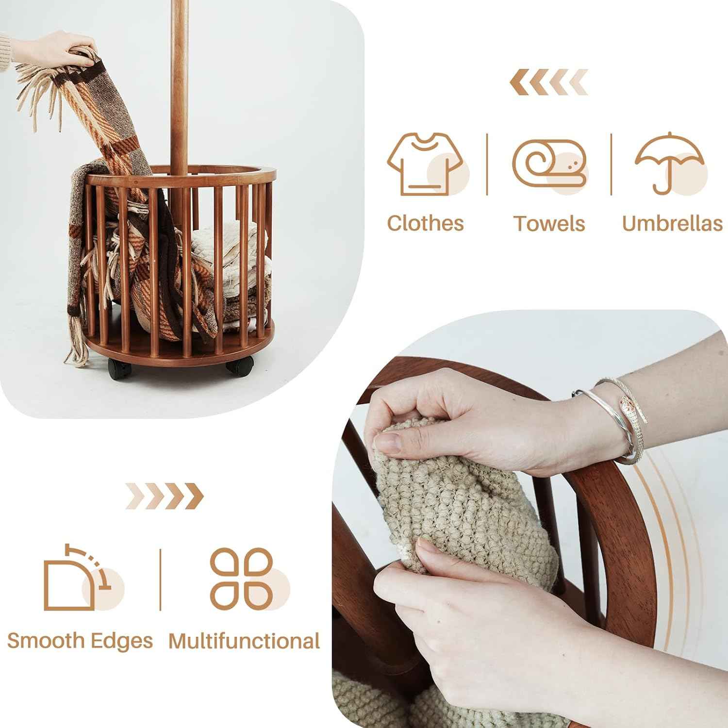 Uniclinens Solid Wood Coat Rack Freestanding with Umbrella Holder, Tree Coat Rack Stand with Lockable Universal Casters & 12 Hooks for Entryway Bedroom, Walnut