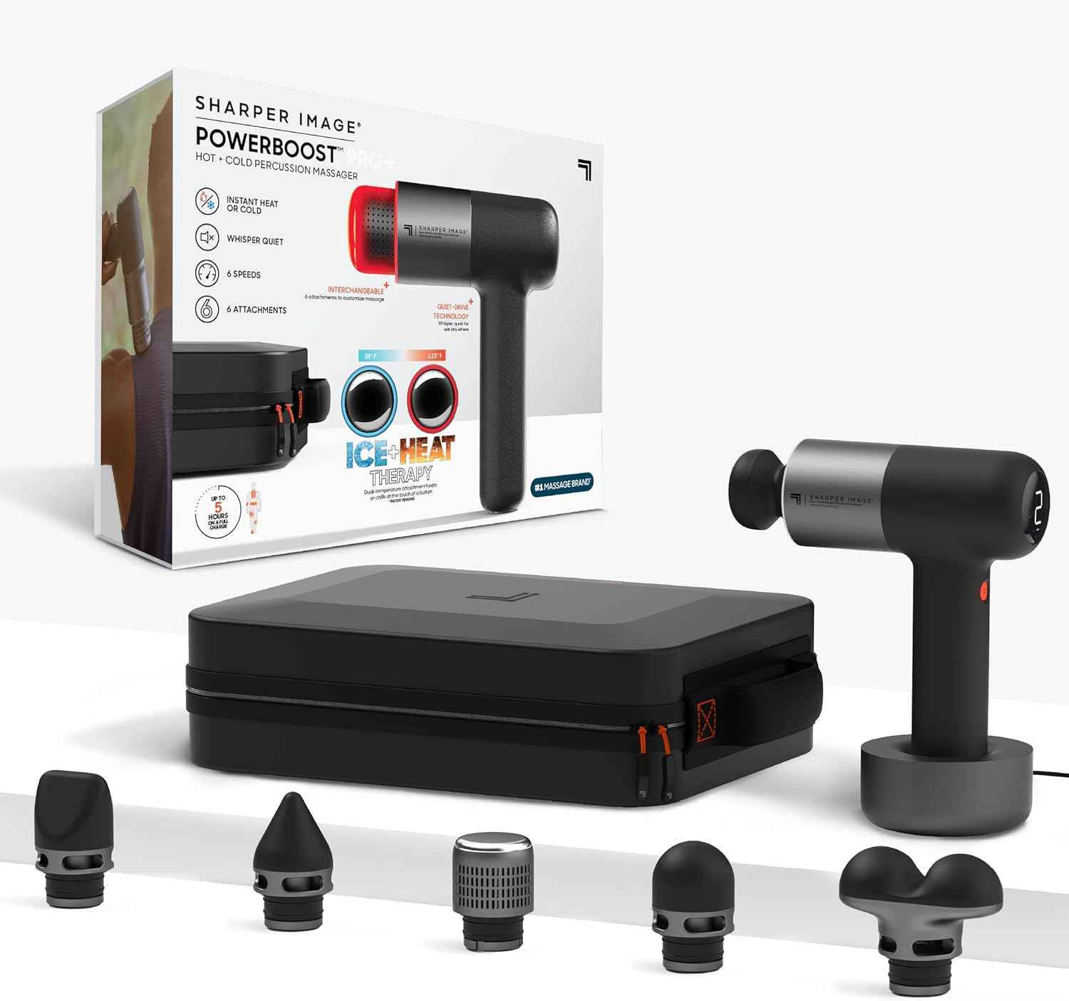 Sharper Image Deep Tissue Percussion Massage Gun, Powerboost Pro+ Hot & Cold Rechargeable Handheld Massager, 6 Adjustable Speeds, 6 Attachment Heads & Carrying Case, Muscle Pain Relief, Black