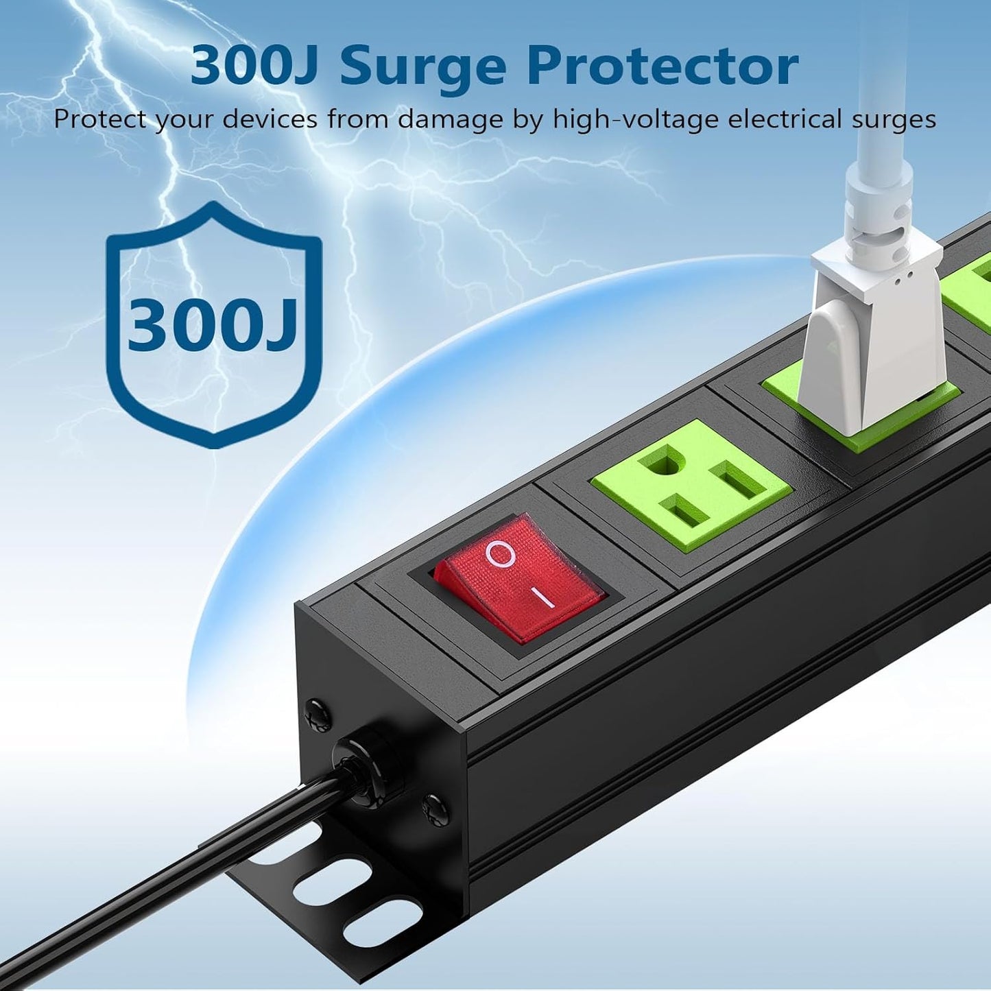 Metal 8 Outlet Mountable Power Strip, Wall Mount Outlet Heavy Duty, Commercial Shop Power Strip with Switch, 15A 125V 1875W, 300J (Green 6FT)