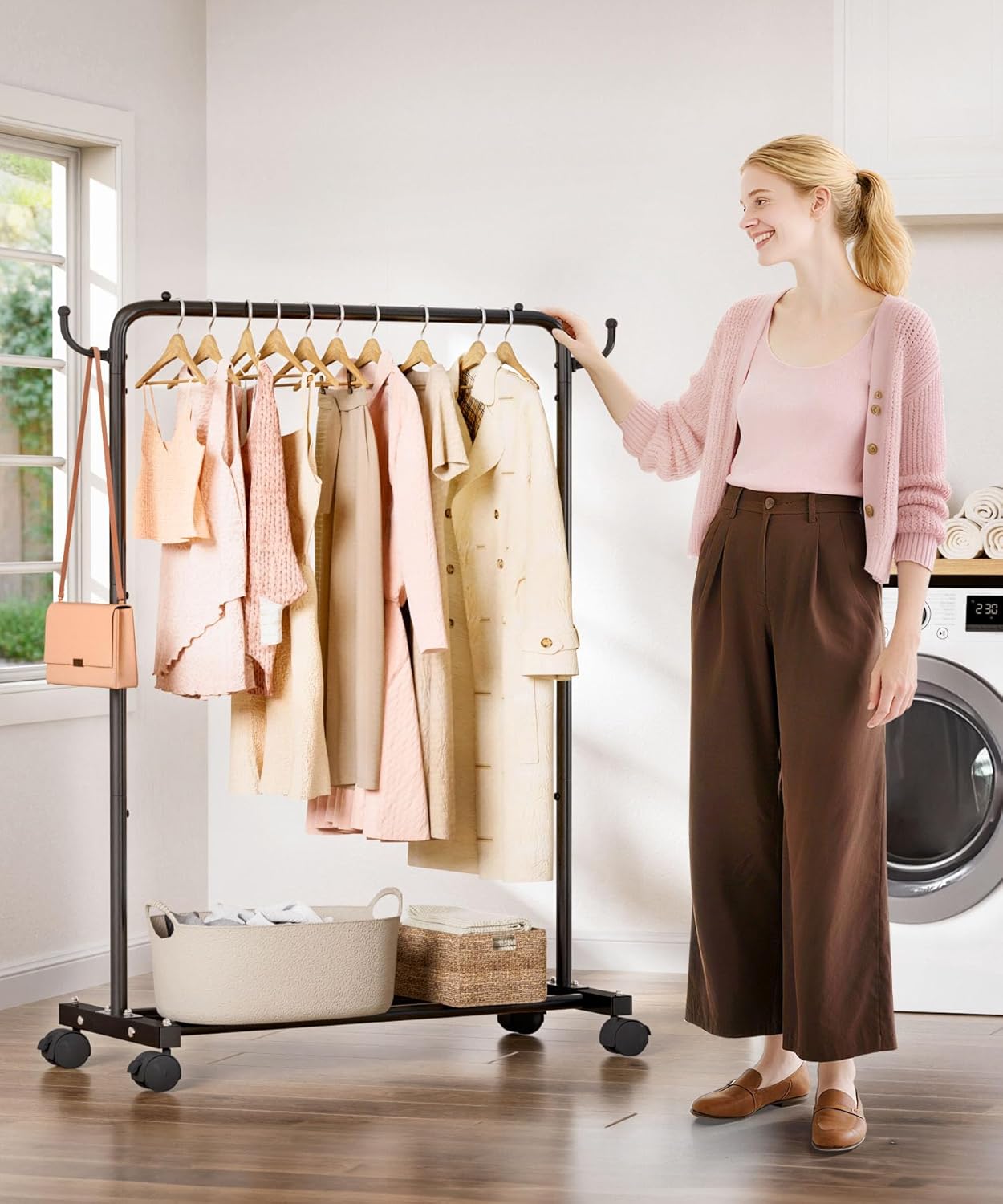 Homde Heavy Duty Clothes Rack: 120lb Standing Garment Storage for Indoor - Rolling Hanging Rod for Bedroom Laundry Room - Coat Dress Organizer on Wheels with luggage shelf (Black，32") - Lumora Desk