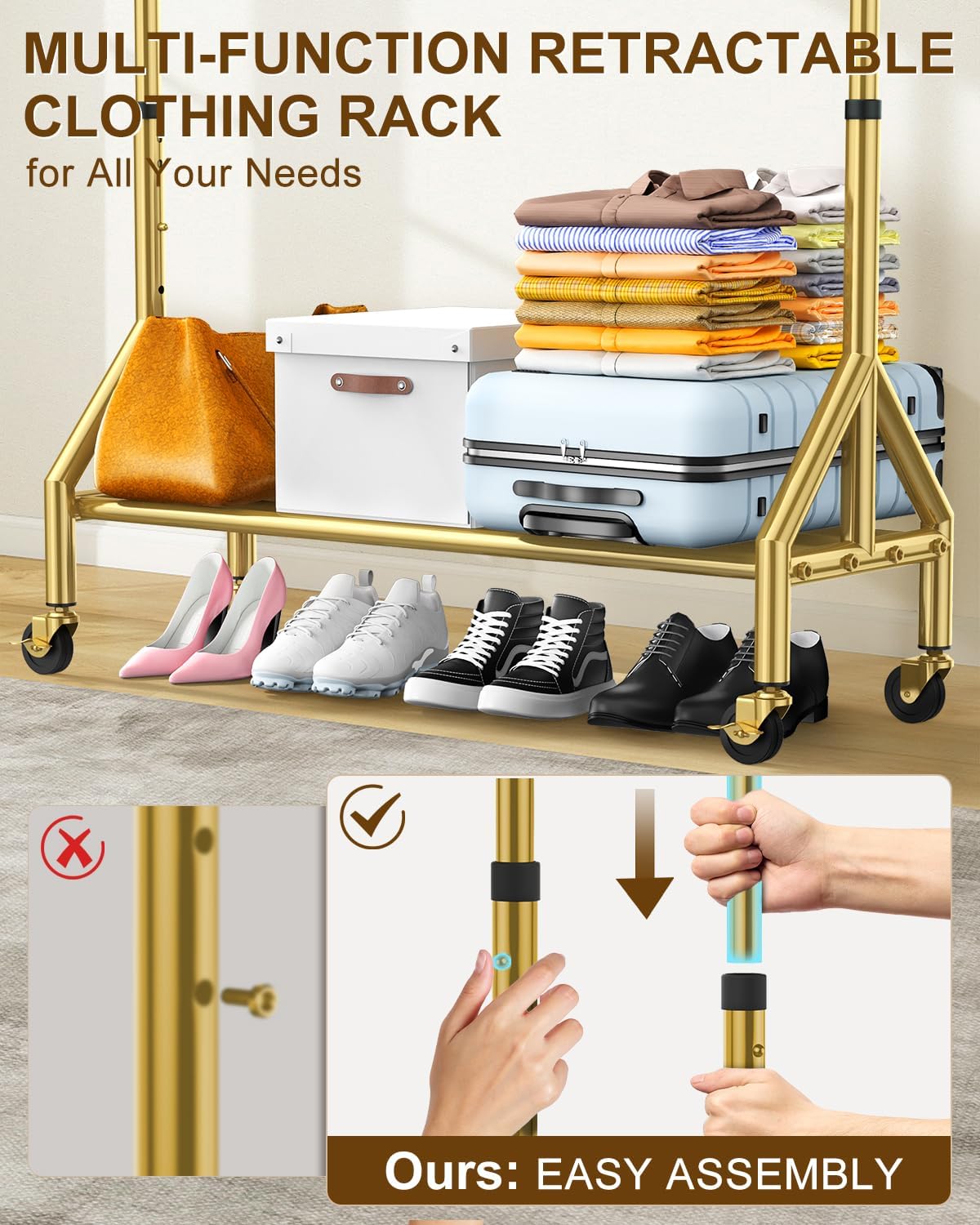 Upgraded 100% Stainless Steel Clothing Rack Load 760LBS, Heavy Duty Clothes Racks with Larger & Sturdy Wheel, Extendable & Adjustable Rolling Garment with Shelves (1 Single Rod, Gold) - Lumora Desk