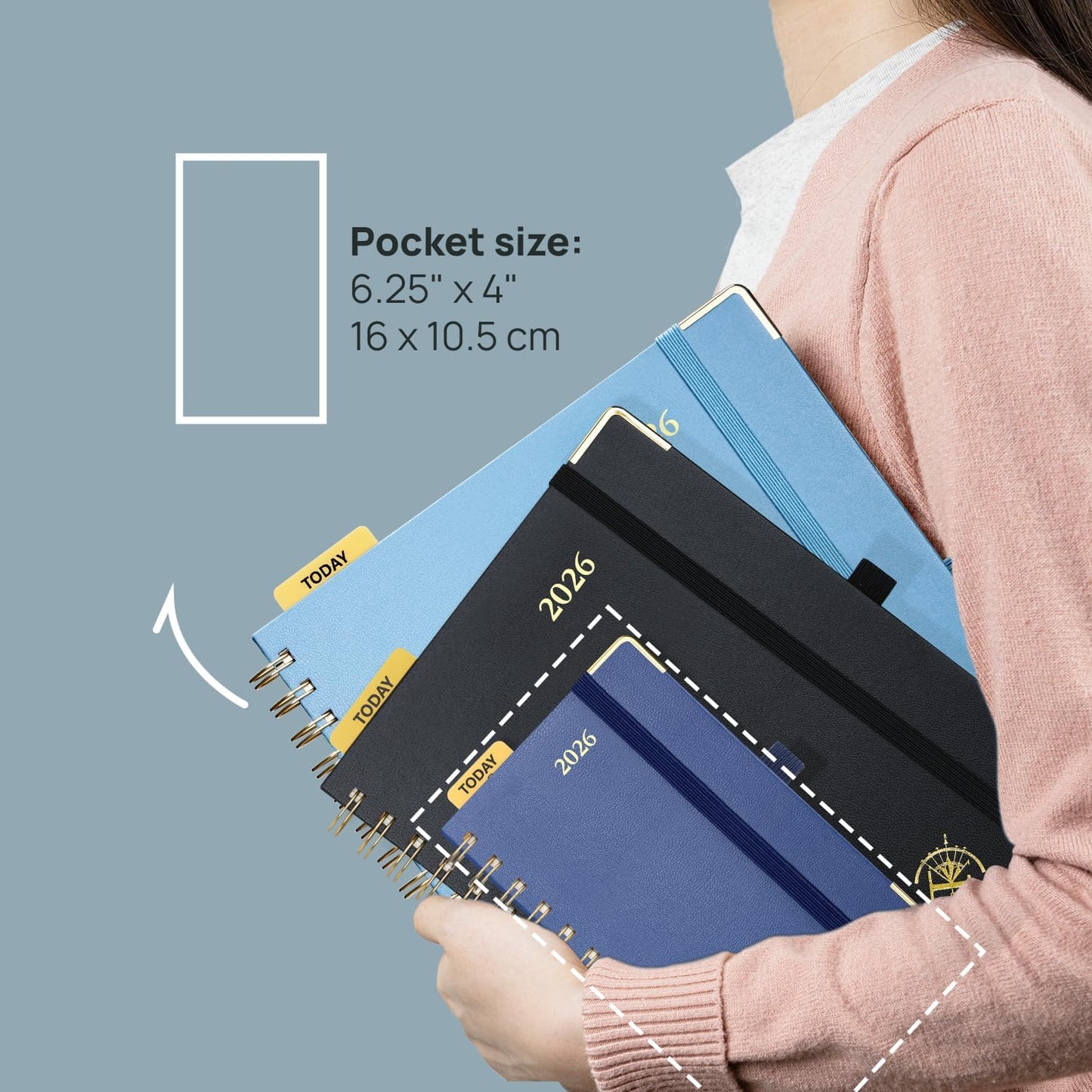 POPRUN 2026 Planner (Pocket Size 4''x 6.25'' Wire-Bond Hard Cover) Calendar Weekly and Monthly (Jan.2026-Dec.2026) Small Planner with Hourly Time Slots, for Purse, 100 GSM - Light Yellow