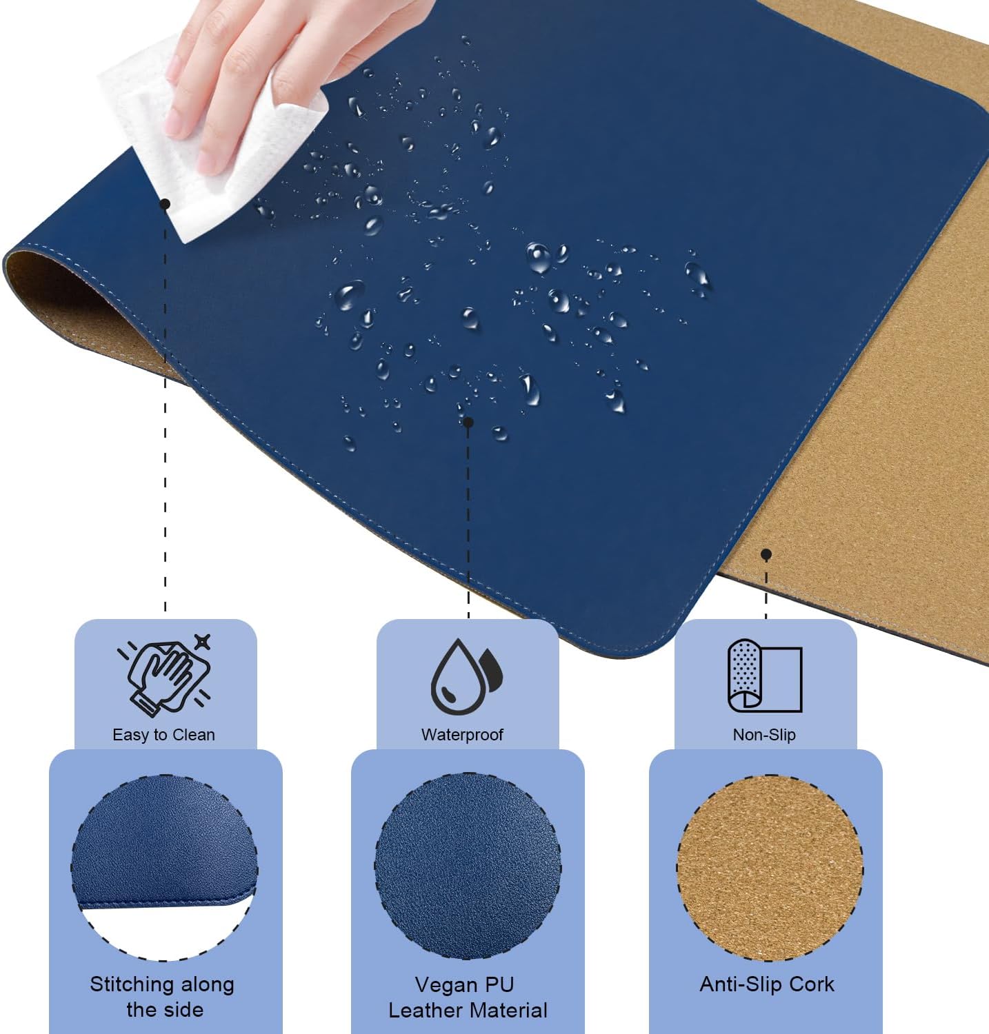 Large Desk Pad, 47.2'' x 23.6'', Office Desk Mat, Computer Mat for Desk, Leather Desk Pad Protector, Sewing Desk Blotter, Desktop Writing Pad for Office/Home/Decor Dark Blue