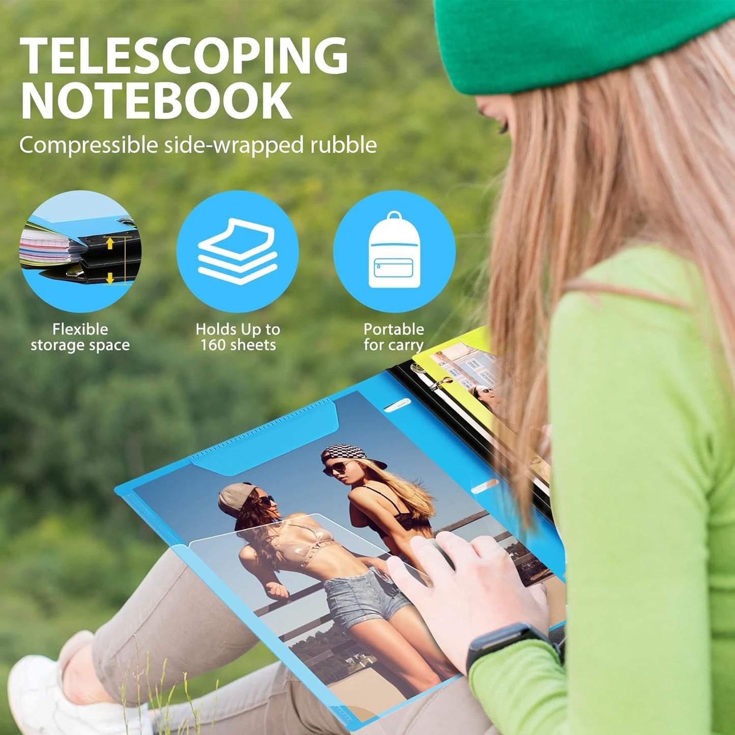 WOT I 1-Pack Telescoping 3 Ring Binder Notebook - Customizable Cover, 5 Dividers & Pocket Folder in One Slim Organizer (60 Sheets Included), Blue