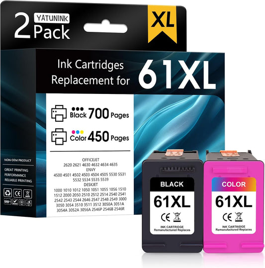 61XL 61 Ink Cartridge Combo Pack Compatible for HP Ink 61 Works with Envy 4500 4501 4630 5530 Deskjet 1000 1010 2540 Officejet 4630 4635 Printer (1 Black, 1 Color) 2-Pack