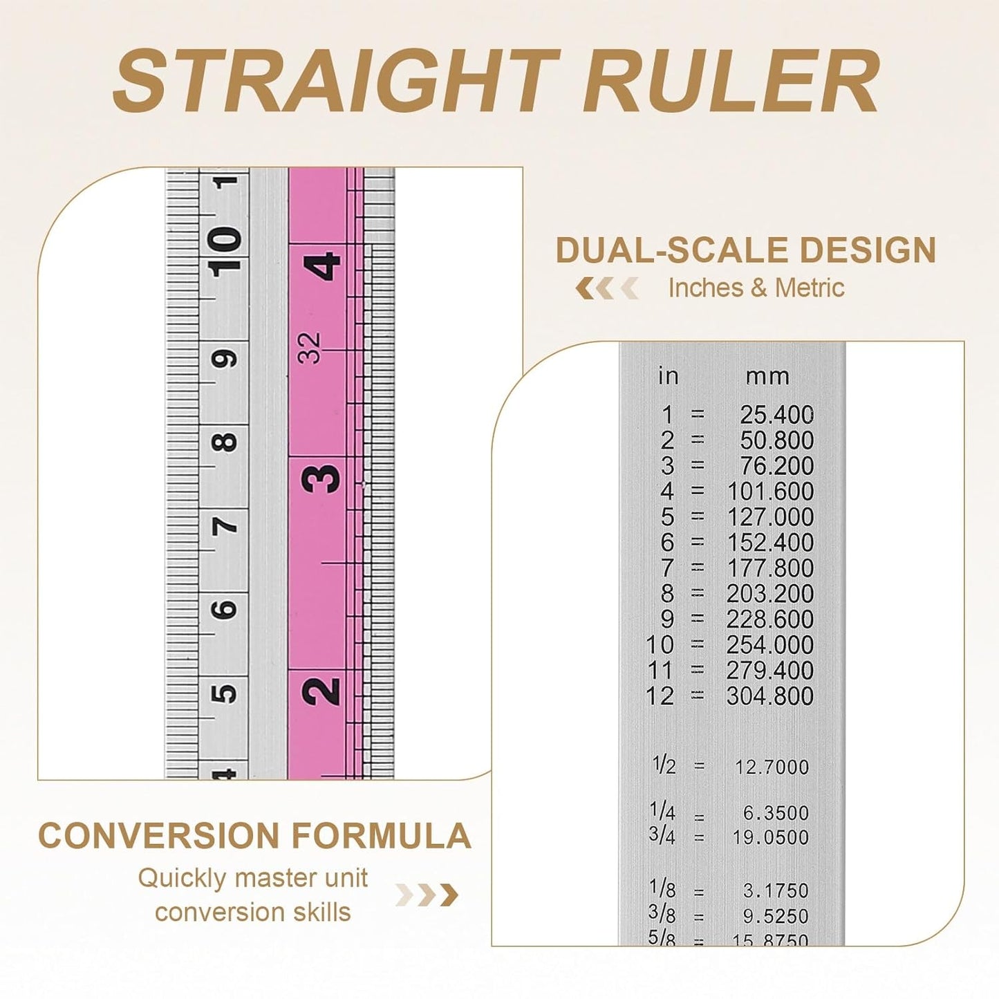 HARFINGTON 6pcs Metal Straight Ruler 30cm Metric SAE Aluminum Alloy Measuring Rulers Scale Tools with Hole for Measure Study Reading Classroom Office, Pink