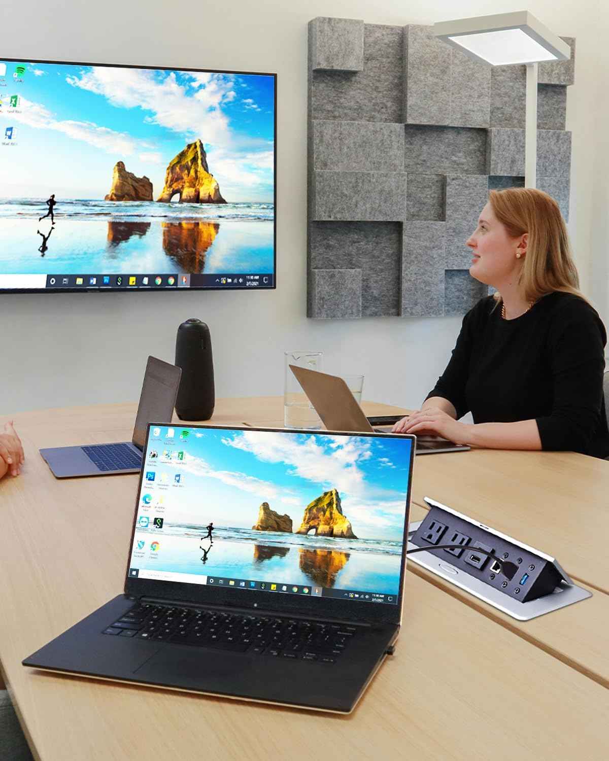 Conference Table Power Hub, Pop up Power Outlet with 20W Type-C PD Fast Charging, HDMI 4K Multiport Office Desk Charging Station for Meetings Workspaces (Silver)