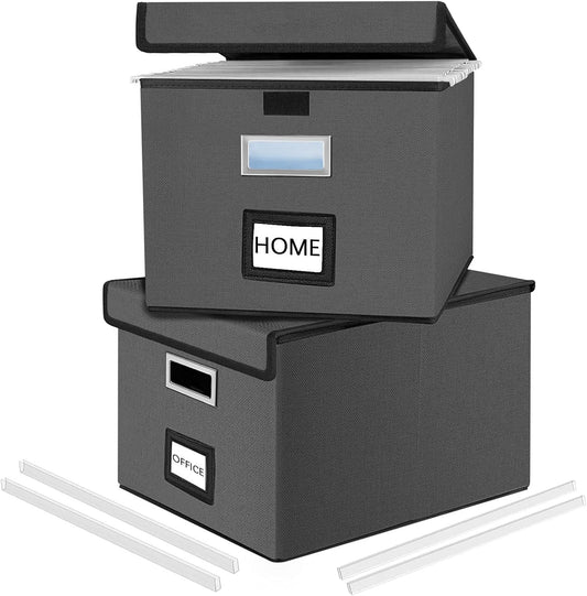 Huolewa File Organizer Boxes with Lids, Linen Office Document Storage Boxes, Filing Boxes, Decorative Small File Boxes for Hanging Files with Plastic Slide for Office/Cabinet/Decor/Home