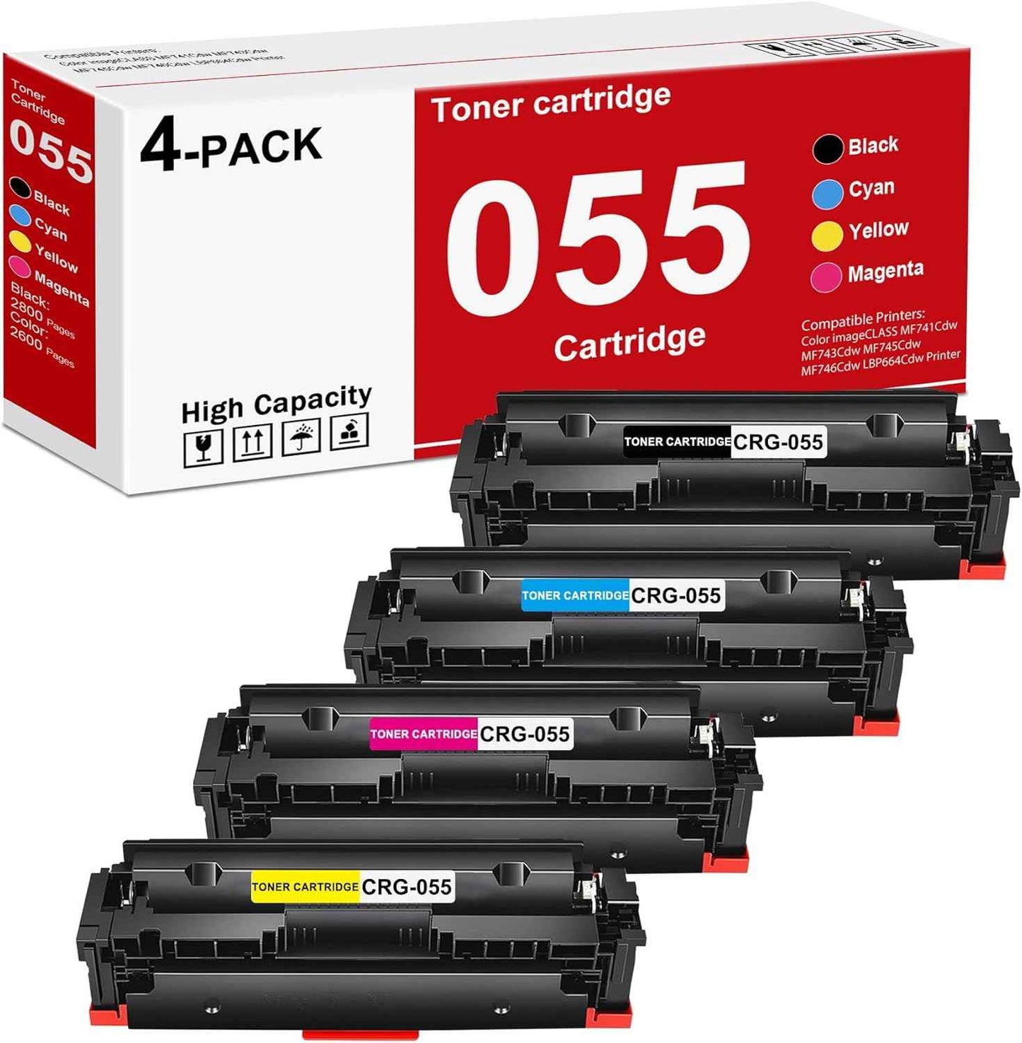 High-Yield 055 Toner Cartridges Compatible MF743cdw Toner Replacement for Canon 055 Toner Cartridge Set for Color imageCLASS MF741Cdw MF743Cdw MF745Cdw MF746Cdw LBP664Cdw Printer (4-Pack，BK/C/M/Y)