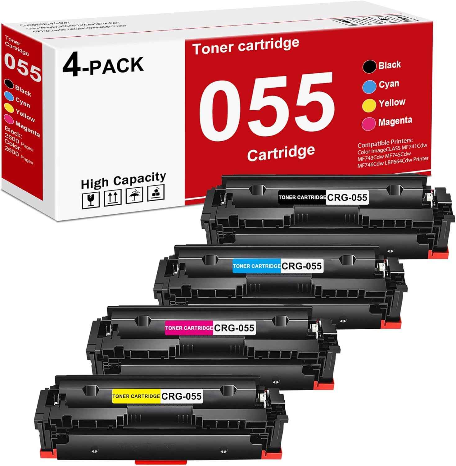High-Yield 055 Toner Cartridges Compatible MF743cdw Toner Replacement for Canon 055 Toner Cartridge Set for Color imageCLASS MF741Cdw MF743Cdw MF745Cdw MF746Cdw LBP664Cdw Printer (4-Pack，BK/C/M/Y)