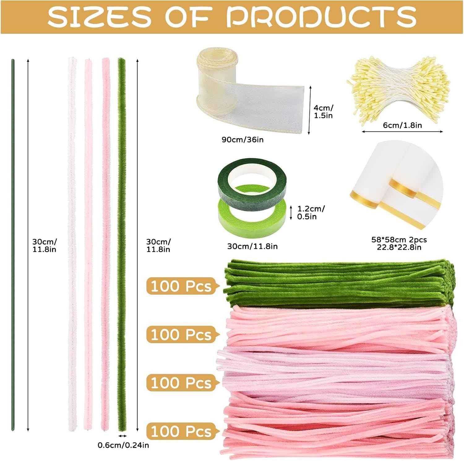 400 PCS Chenille Stems Assorted Colors – Pipe Cleaners Bulk for DIY Crafts & Flowers, Pipe Cleaners Craft Kit with Floral Wires, Gardening Tape, Wrapping Paper, Stamen & Ribbon for Bouquets