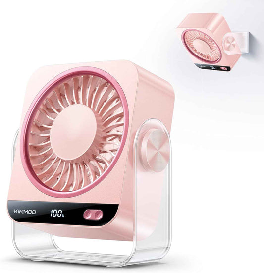 KIMMOO Desk Fan for Bedroom, Rechargeable USB Turto Table Fan, 199 Speeds, 270° Rotating, Quiet Small Desk Fan with LED Display, Personal Desktop Cooling Fan, Wall Fan for Home Office Travel (Pink)