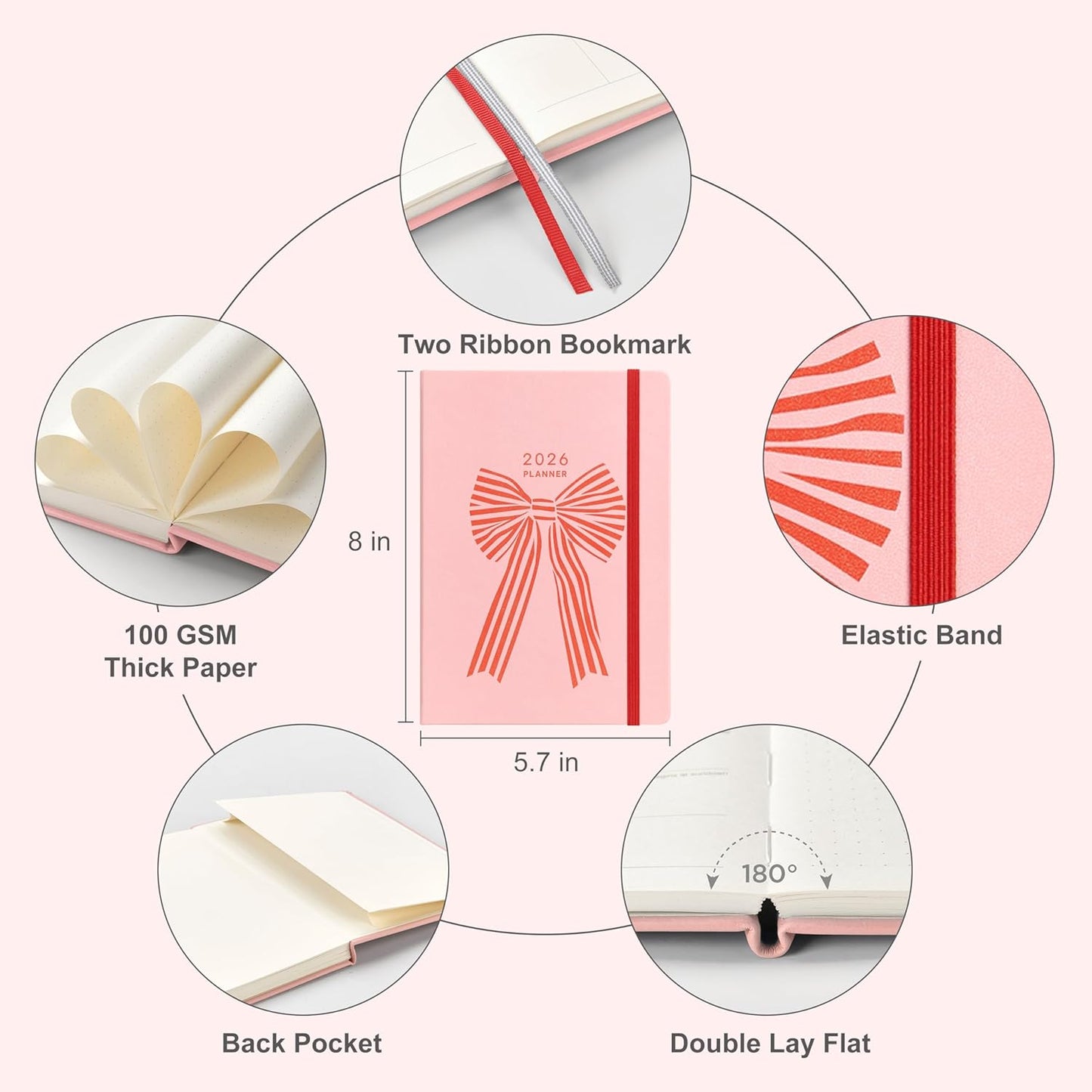 And Per Se 2026 Planner with Pattern-Daily, Weekly & 15-Monthly Leather Hardcover Planner, 5.7" x 8", Daily Schedule, Monthly Tabs, 100 GSM Thick Paper, Back Pocket(Bowknot Pattern)