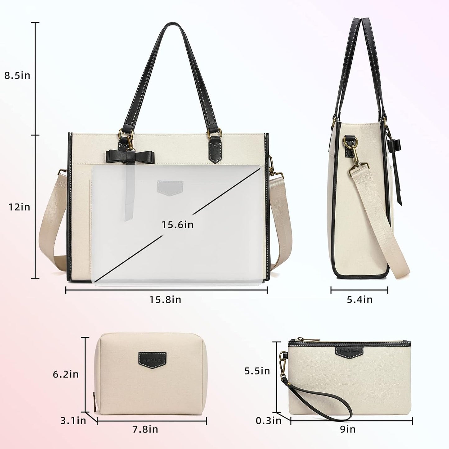 Keyli 3pcs Laptop Bag for Women,15.6 Inch Canvas Tote Bag Work Bags Large Business Computer Briefcase Shoulder Handbag Purse