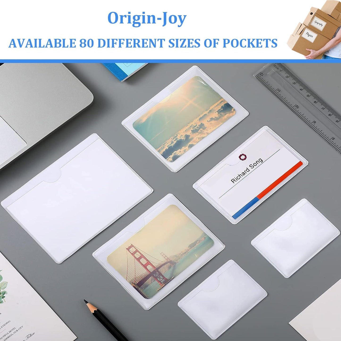 Origin-Joy 60 PCS Self Adhesive Index Card Pockets with Top Open, Clear Plastic Label Holder for Cards of Note, Library and Business, Adhesive Label Pockets & Card Holder (3.75 x 2 inch)