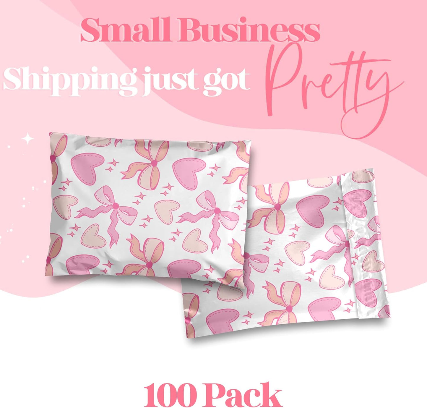 10x13 Designer Poly Mailer 100 Pack Heavy Duty Waterproof Self Seal Shipping Bags for Small Business Large Mailing Envelopes Bulk Tear Resistant Packaging Coquette Bows Hearts