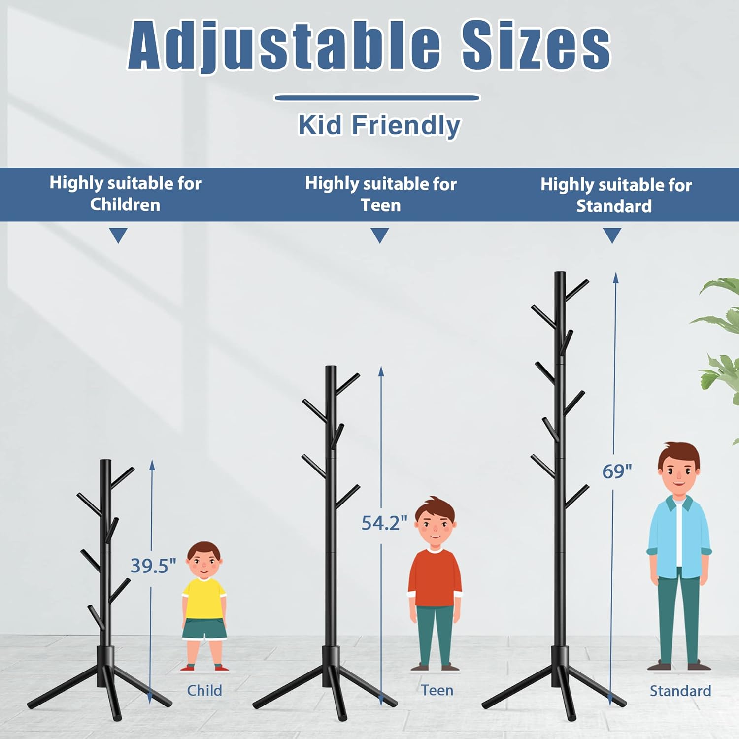 Haddockway Wooden Coat Rack Stand with 8 Hooks New Zealand Pine 3 Adjustable Coat Standing Tree Easy Assembly for Coats, Hats, Scarves and Handbags for Entryway, Hallway, Bedroom, Office - Lumora Desk