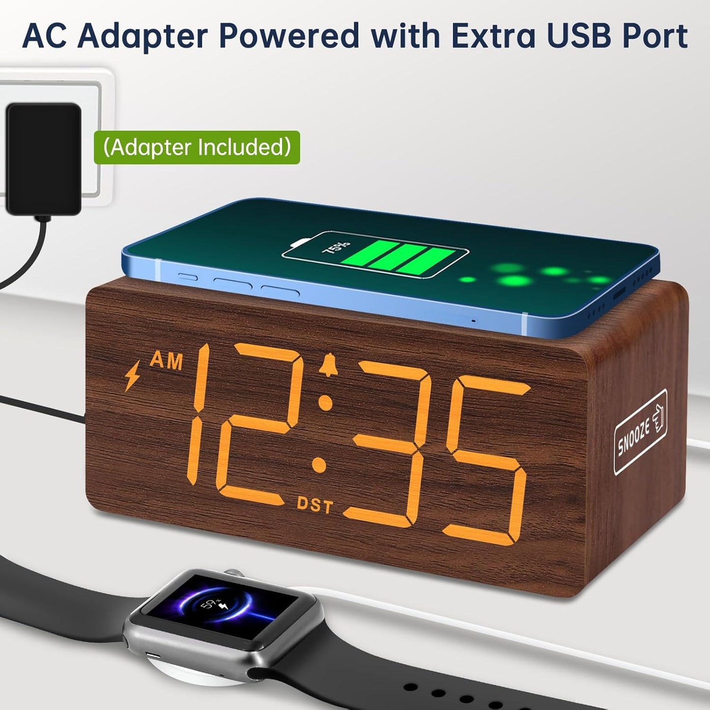 DreamSky Wooden Digital Alarm Clock with Wireless Charging for Bedroom, Bedside Nightstand Clock with Charger Station, USB Port, Large Numbers, Adjustable Volume, Brightness Dimmer, DST