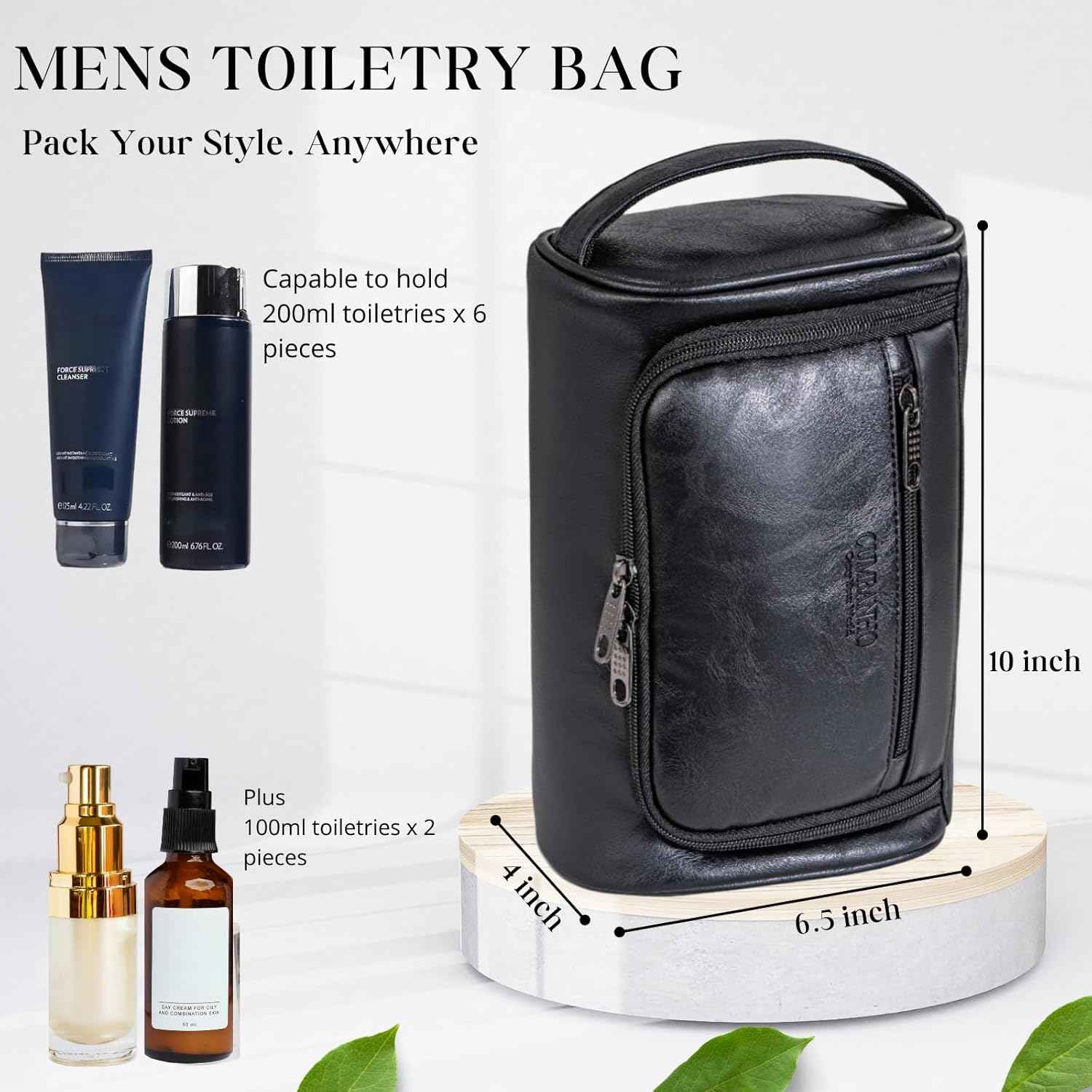 Mens Toiletry Bag,Compact Dopp Kit for Men Travel, PU Leather Shaving Kit, Water-Resistant Minimalist Organizer with Wrist Strap,Travel Toiletry Bag, Gift for Men,Large 10x6.5x4"Classic Black