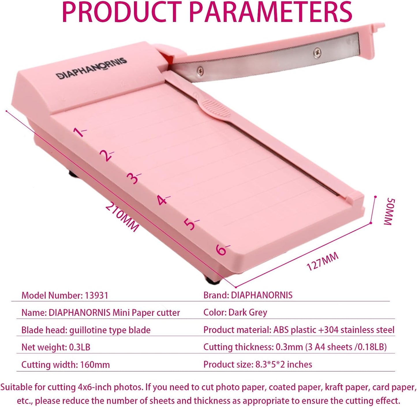 Guillotine Paper Trimmer, Mini Compact Paper Cutter, 1/4-Inch Grid for Precision Cutting, Straight Cuts Up to 3 Sheets, Perfect for Photos,Coupons,Card Making and Small Craft Projects (Pink)