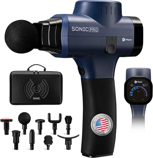 LifePro Sonic Pro Handheld Electric Massage Gun – Deep Tissue Percussion Massager Gun with 10 Speeds & 9 Heads – Muscle Massager for Athletes Back, Legs, Arms