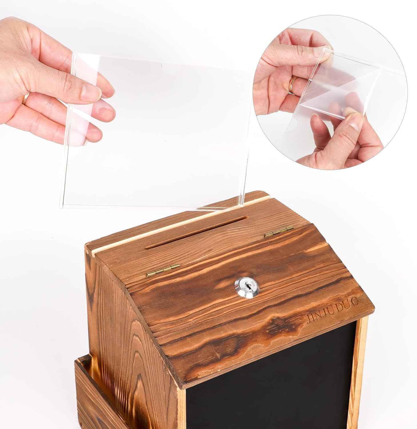 Wood Suggestion Box with Lock & Keys, Locking Donation Box with Removable Chalkboard & Acrylic Sign Holder - Wall Mounted Prayer/Comment Boxes for Church, Office, Wedding