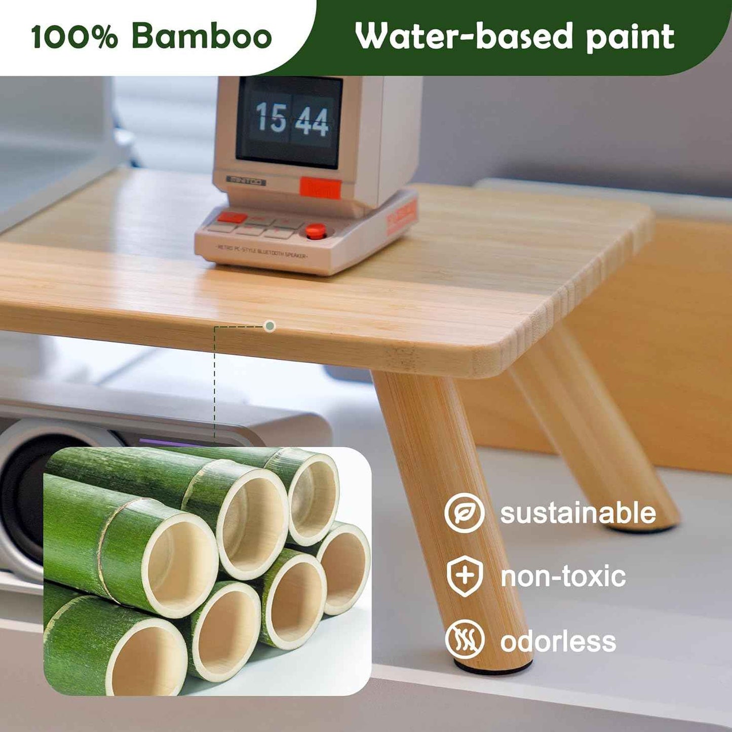 Bamboo Monitor Stand Riser with Cable Routing Slot, Ergonomic Computer Shelf for Desk, Natural Wood Desktop Organizer for Monitor Laptop Printer, Home Office Accessory